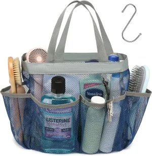 F-color Mesh Shower Caddy Portable, Upgrade Deeper 7 Pockets Shower Bag Basket Tote for College Dorm Room Toiletry Bathroom Essentials Gym Camp Quick Dry 2 handles with S Hook, Navy Blue