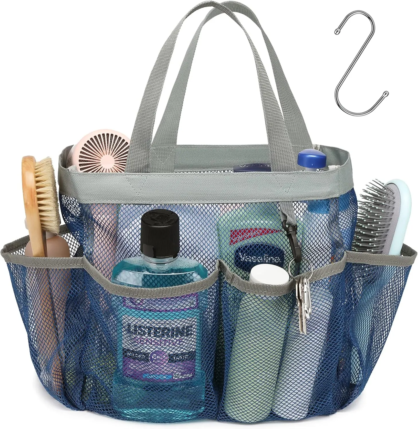 F-color Mesh Shower Caddy Portable, Upgrade Deeper 7 Pockets Shower Bag Basket Tote for College Dorm Room Toiletry Bathroom Essentials Gym Camp Quick Dry 2 handles with S Hook, Navy Blue