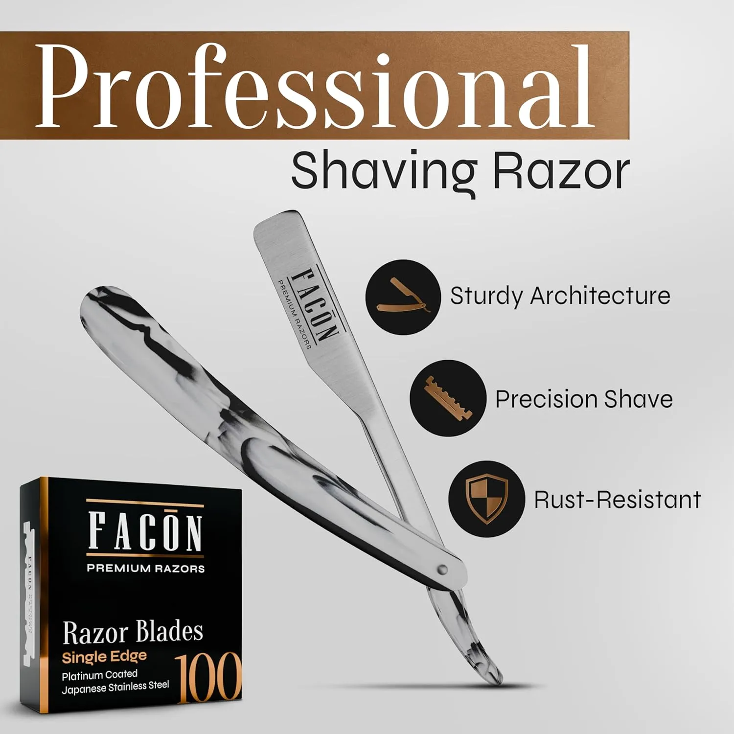 Facón Straight Razors for Men - Professional Barber Straight Edge Razor Kit with 100 Blades, Classic Stainless Steel Barbero Shaver for a Smooth & Precise Shave, Premium Barber Razor for Men's Shaving