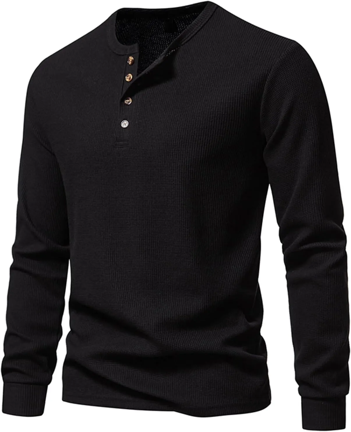 Fall Tops for Men 2024 Waffle Knit Shirts Button Down Crewneck T-shirt Long Sleeve Solid Tee Lightweight Comfy Blouse