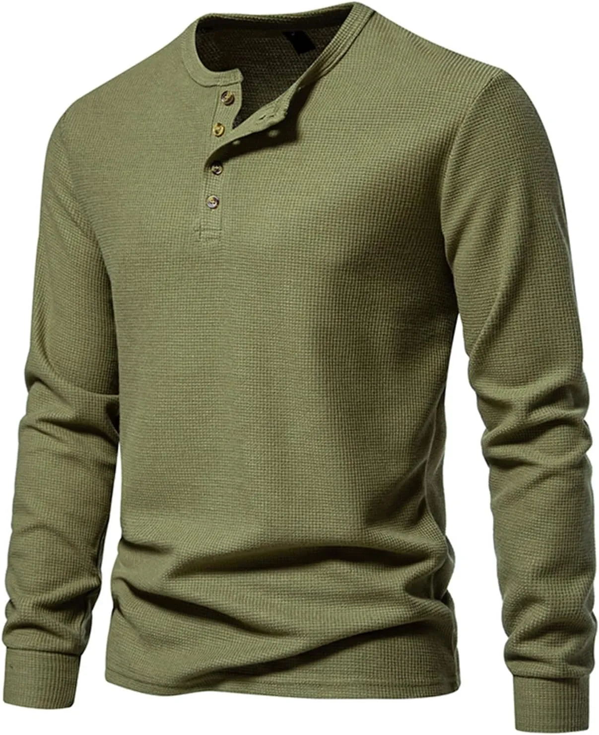 Fall Tops for Men 2024 Waffle Knit Shirts Button Down Crewneck T-shirt Long Sleeve Solid Tee Lightweight Comfy Blouse