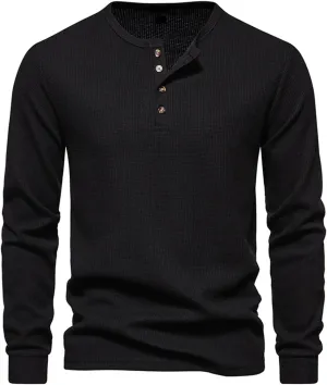 Fall Tops for Men 2024 Waffle Knit Shirts Button Down Crewneck T-shirt Long Sleeve Solid Tee Lightweight Comfy Blouse