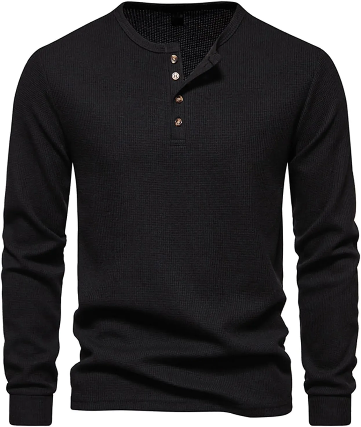 Fall Tops for Men 2024 Waffle Knit Shirts Button Down Crewneck T-shirt Long Sleeve Solid Tee Lightweight Comfy Blouse
