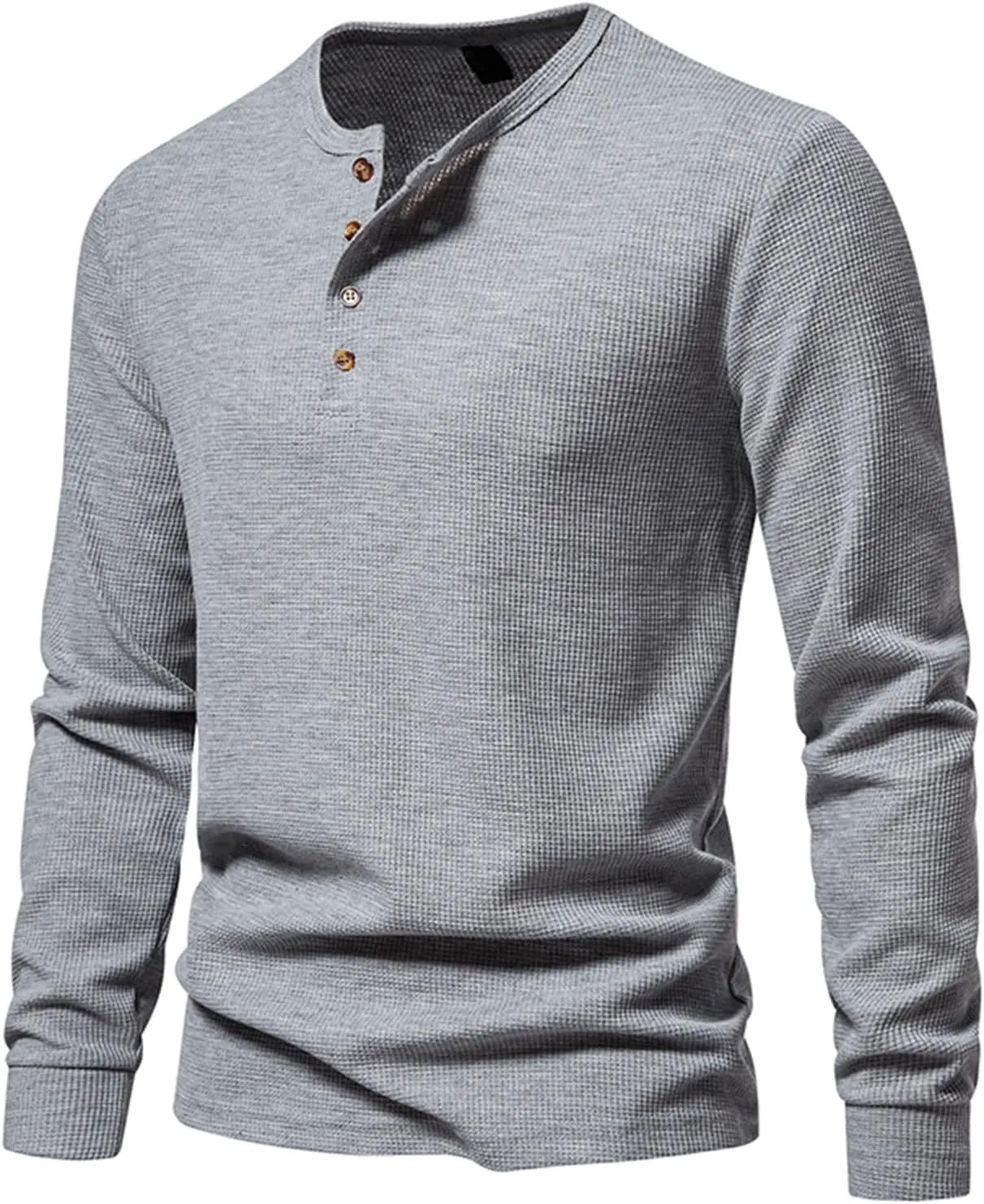 Fall Tops for Men 2024 Waffle Knit Shirts Button Down Crewneck T-shirt Long Sleeve Solid Tee Lightweight Comfy Blouse