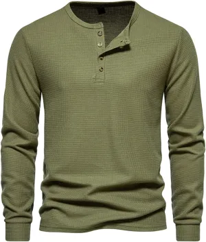 Fall Tops for Men 2024 Waffle Knit Shirts Button Down Crewneck T-shirt Long Sleeve Solid Tee Lightweight Comfy Blouse