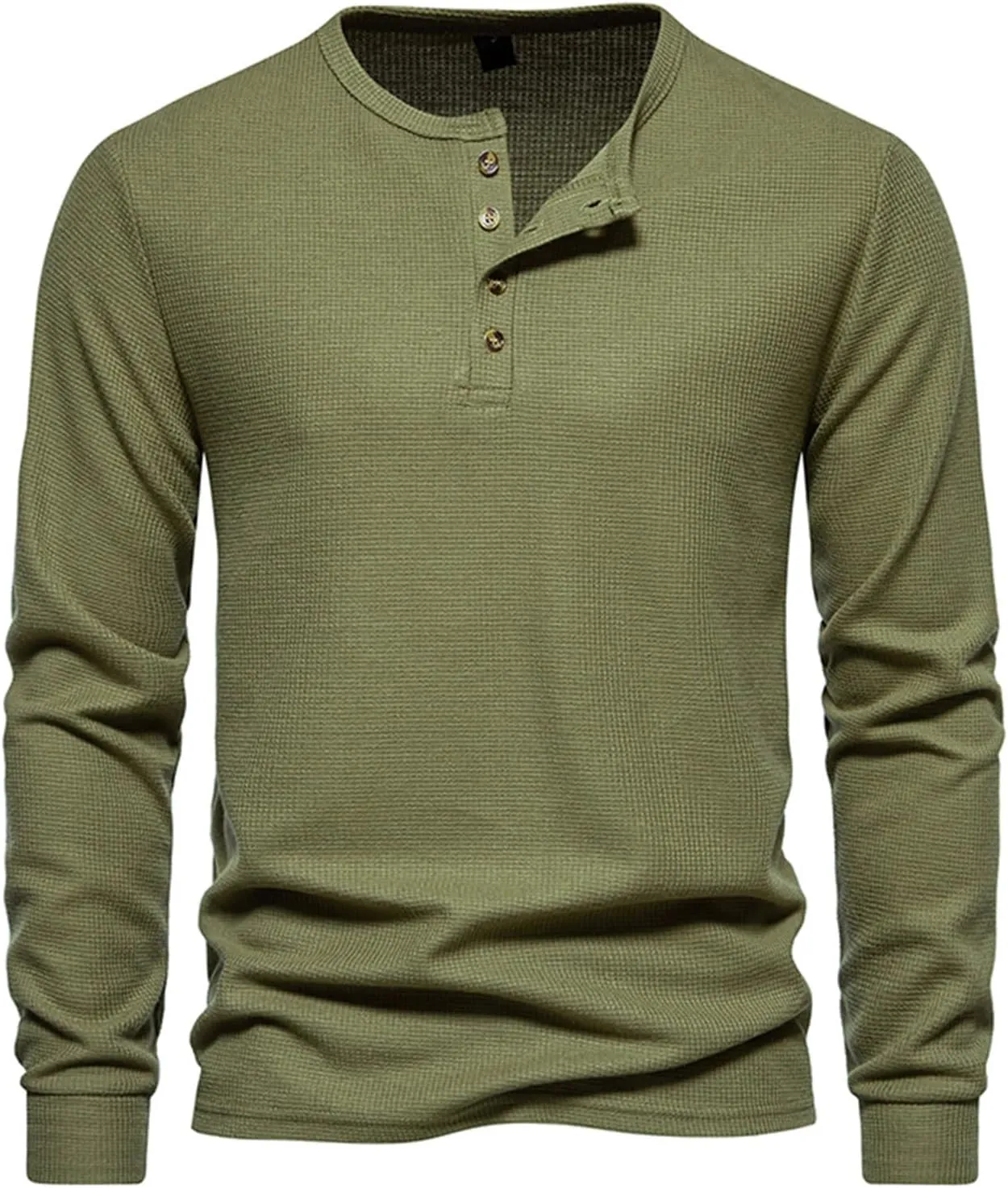 Fall Tops for Men 2024 Waffle Knit Shirts Button Down Crewneck T-shirt Long Sleeve Solid Tee Lightweight Comfy Blouse