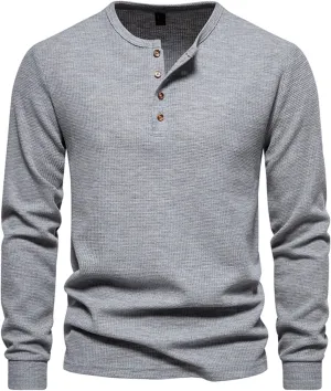 Fall Tops for Men 2024 Waffle Knit Shirts Button Down Crewneck T-shirt Long Sleeve Solid Tee Lightweight Comfy Blouse