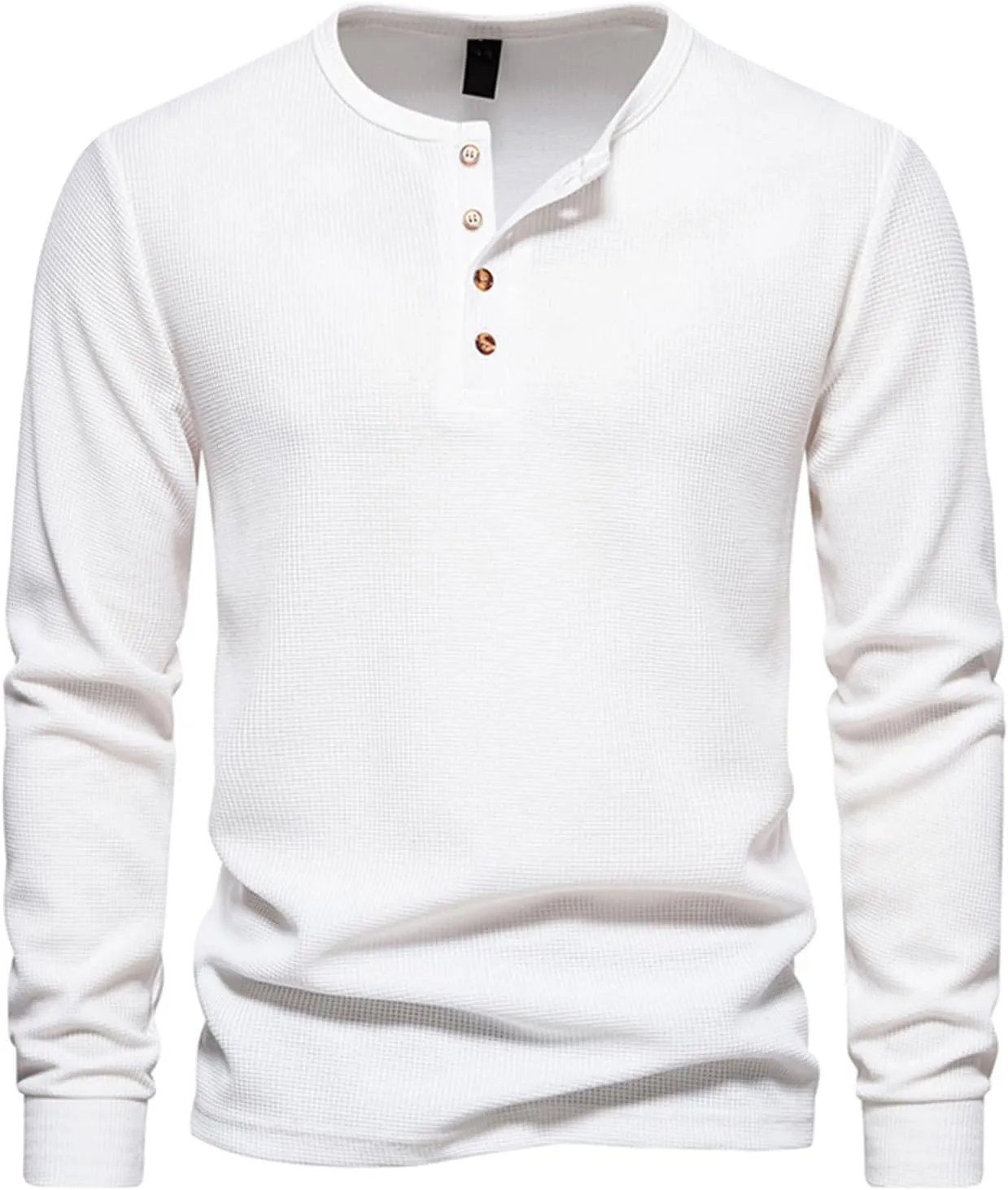 Fall Tops for Men 2024 Waffle Knit Shirts Button Down Crewneck T-shirt Long Sleeve Solid Tee Lightweight Comfy Blouse