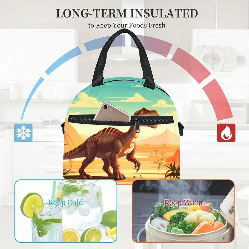 featuring a dinosaur seamlessly integrated into a natural landscape Insulated Adult Lunch Bag with Shoulder Strap for Women Lightweight Reusable Portable Freezable Lunch Tote Bag for Work Picnic