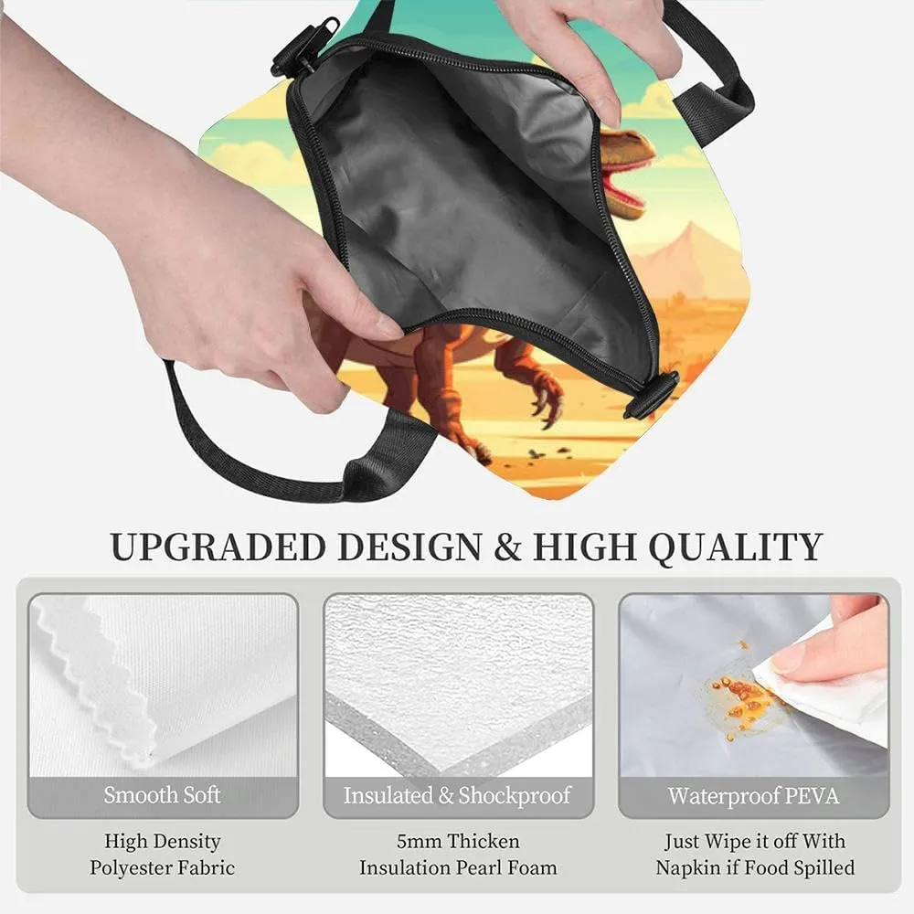 featuring a dinosaur seamlessly integrated into a natural landscape Insulated Adult Lunch Bag with Shoulder Strap for Women Lightweight Reusable Portable Freezable Lunch Tote Bag for Work Picnic