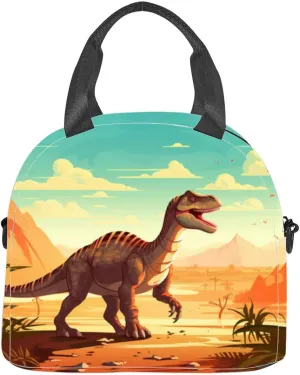 featuring a dinosaur seamlessly integrated into a natural landscape Insulated Adult Lunch Bag with Shoulder Strap for Women Lightweight Reusable Portable Freezable Lunch Tote Bag for Work Picnic