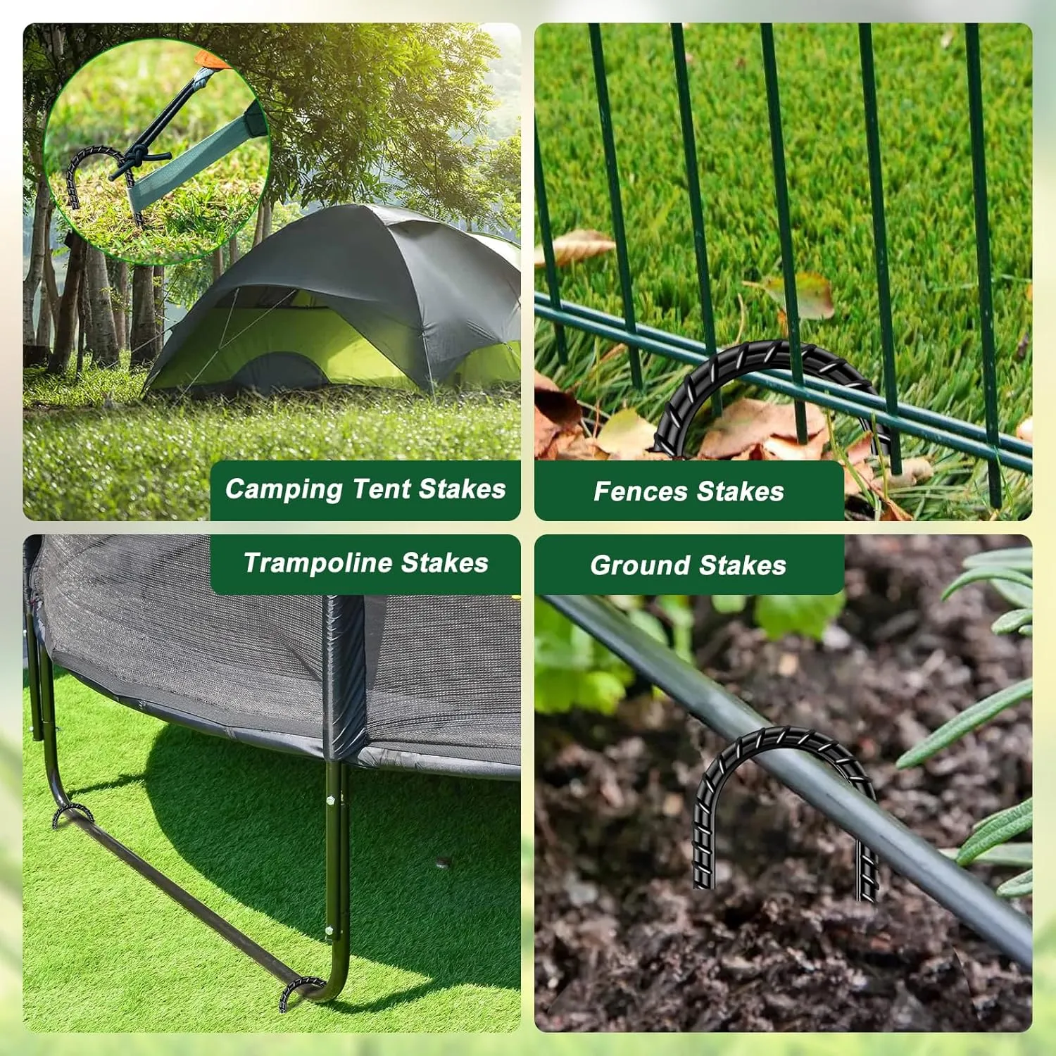 FEED GARDEN 12 Inch 16 Pack Rebar Stakes Heavy Duty J Hook, Galvanized Ground Stakes Tent Stakes Steel Ground Anchors, Chain Link Fence Stakes, Trampoline Stakes, Black
