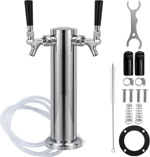 FERRODAY Kegerator Tower Dual Faucet Beer Tower Double Tap Beer Tower Dispenser Beer Tap Kegerator Parts Stainless Steel Tower Brass Faucet Stainless Core Pre-assembled Lines 3" Keg Tower Beer Keg Tap