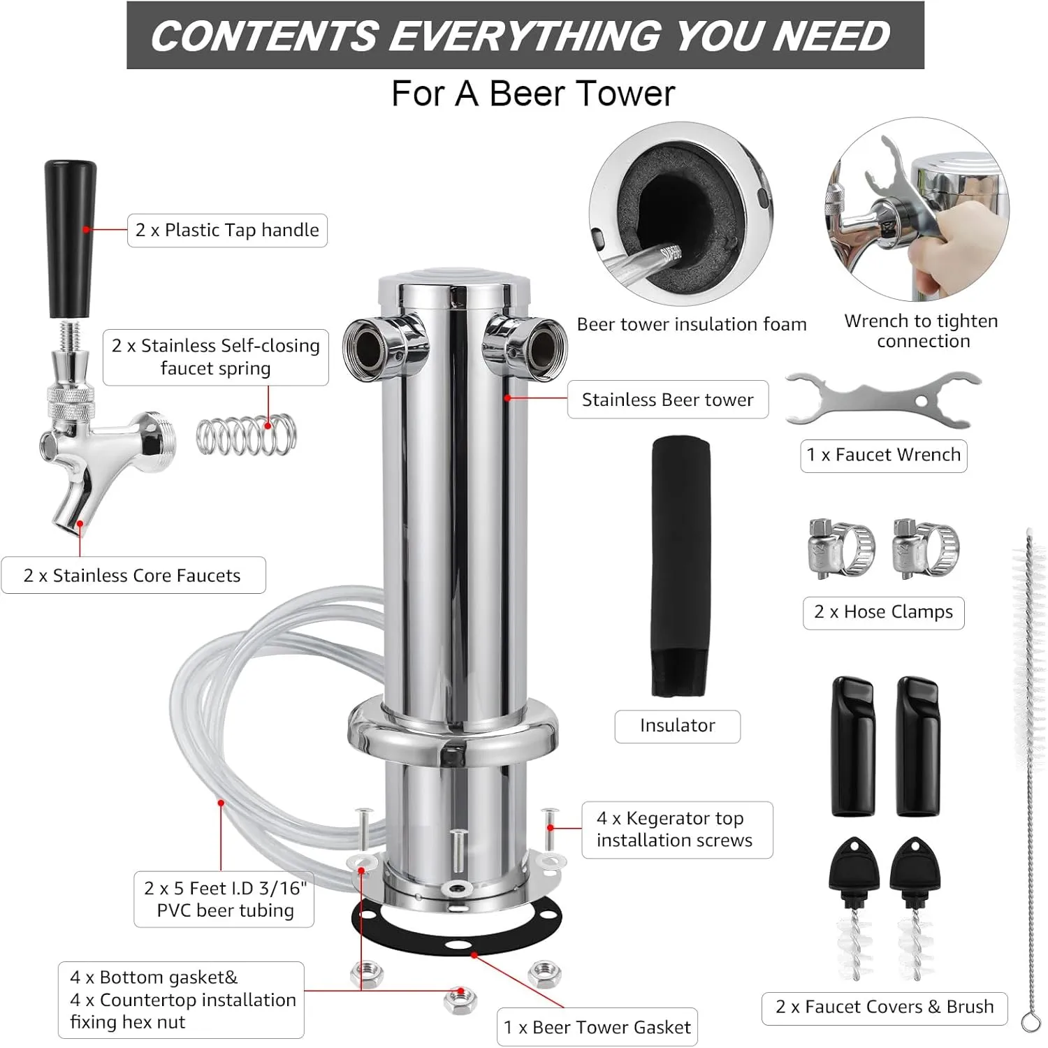 FERRODAY Kegerator Tower Dual Faucet Beer Tower Double Tap Beer Tower Dispenser Beer Tap Kegerator Parts Stainless Steel Tower Brass Faucet Stainless Core Pre-assembled Lines 3" Keg Tower Beer Keg Tap