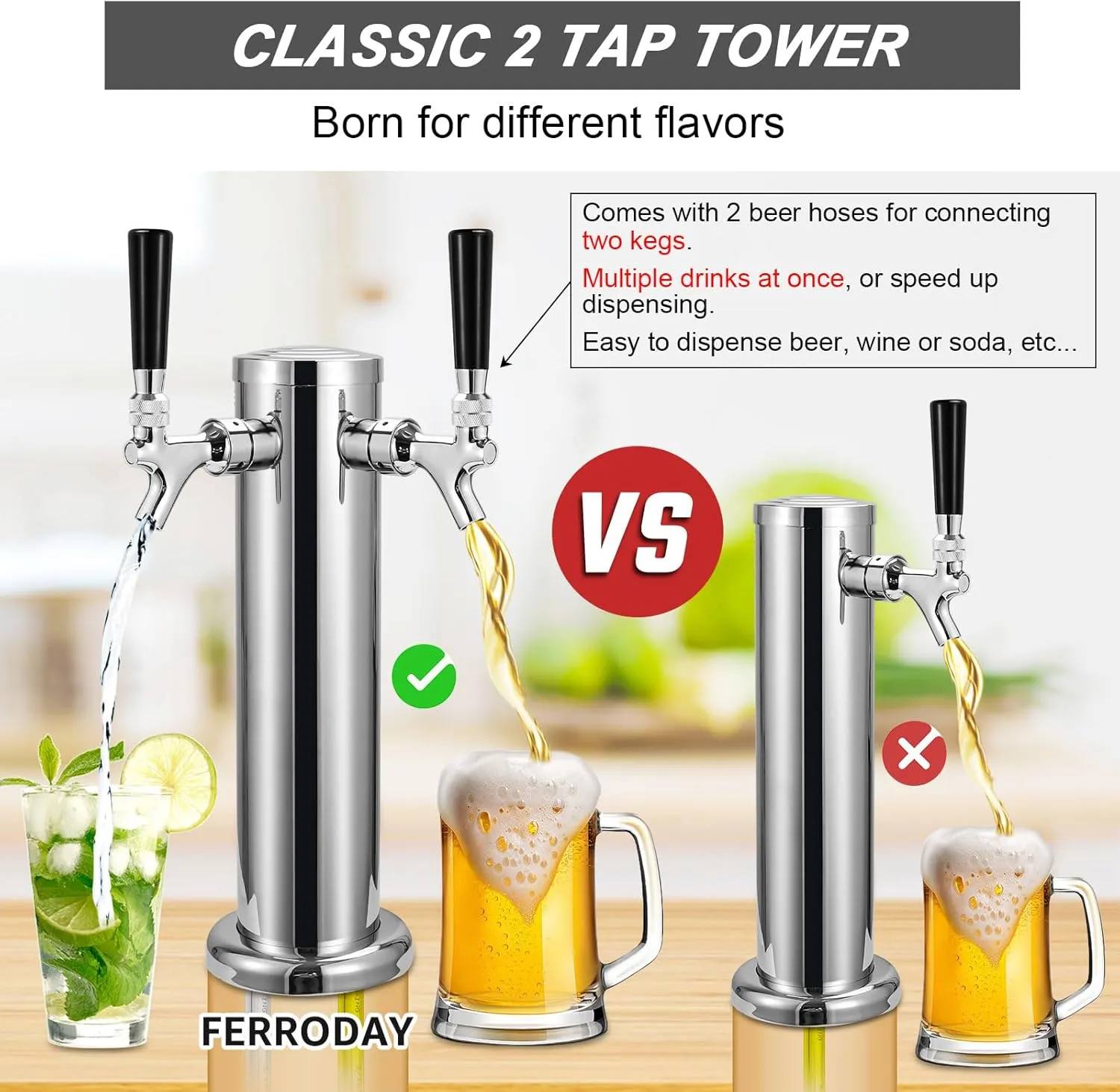 FERRODAY Kegerator Tower Dual Faucet Beer Tower Double Tap Beer Tower Dispenser Beer Tap Kegerator Parts Stainless Steel Tower Brass Faucet Stainless Core Pre-assembled Lines 3" Keg Tower Beer Keg Tap