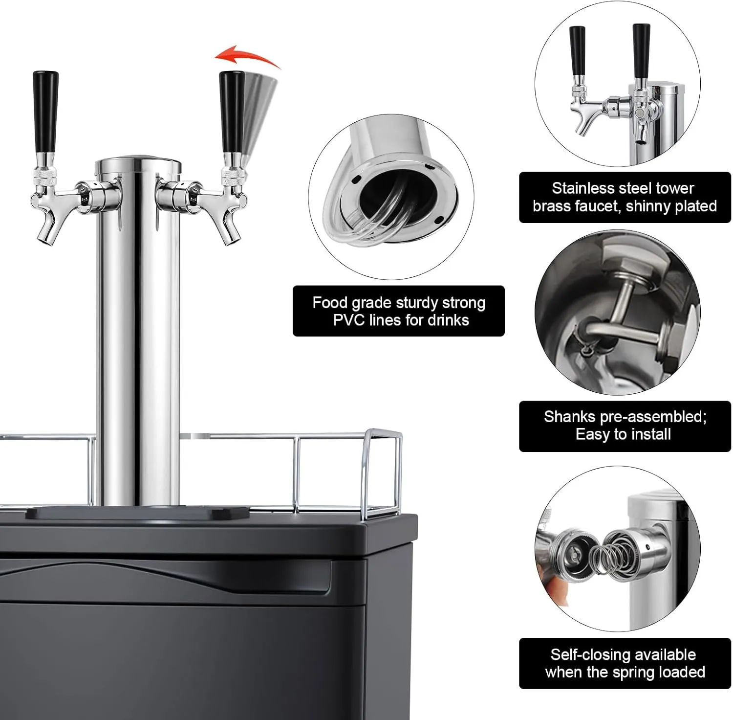 FERRODAY Kegerator Tower Dual Faucet Beer Tower Double Tap Beer Tower Dispenser Beer Tap Kegerator Parts Stainless Steel Tower Brass Faucet Stainless Core Pre-assembled Lines 3" Keg Tower Beer Keg Tap