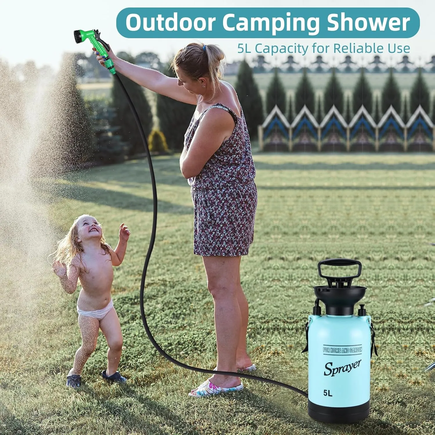 Finderomend Portable Shower for Camping with 7 Spray Modes, Hand Press Camping Shower with Removable Hose and Shower Head,Pressure Rinse Kits for Hiking Traveling Garden Beach Pet Shower
