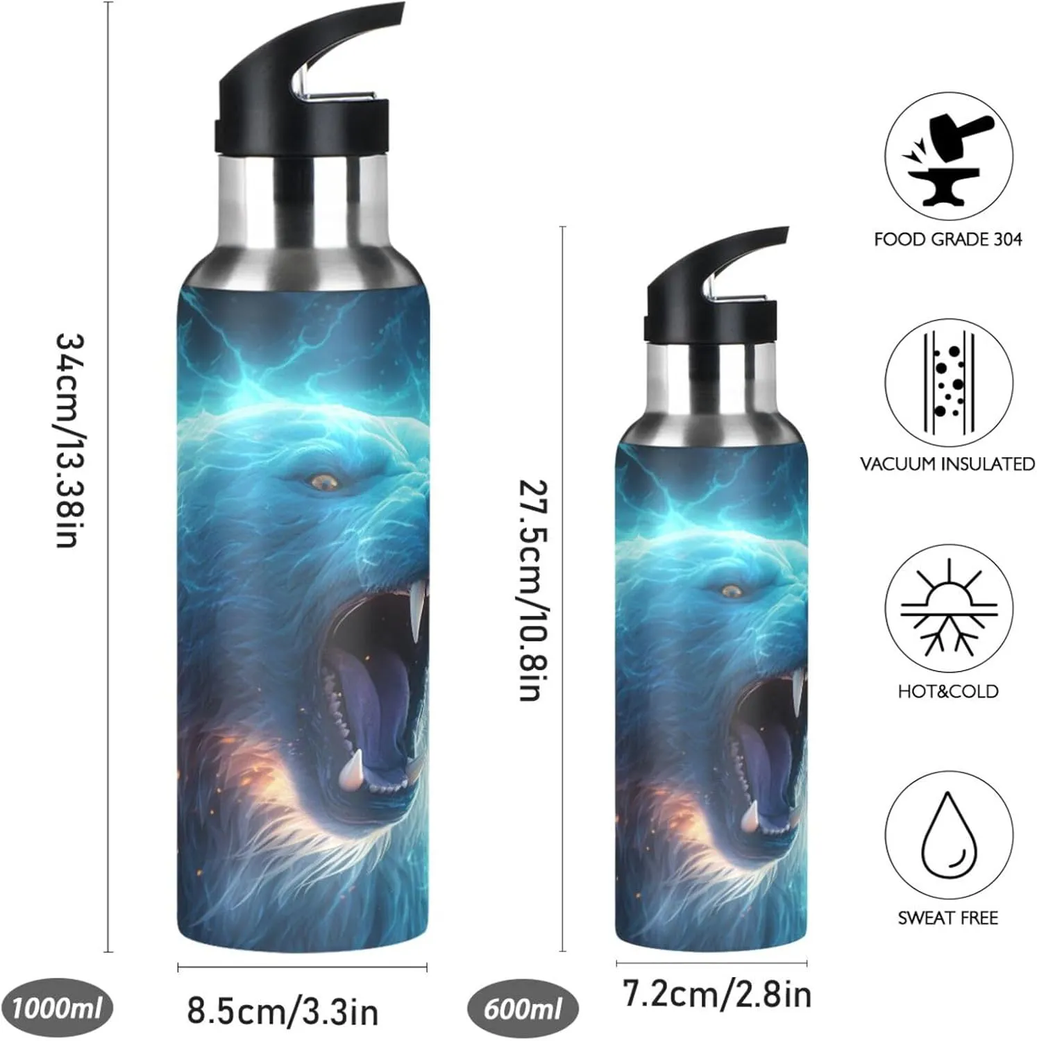 Fired Blue Polar Bear Sport Water Bottle Insulated Stainless Steel Large Vacuum Flask Leak Proof Thermos with Straw for Travel(600ml/1000ml)