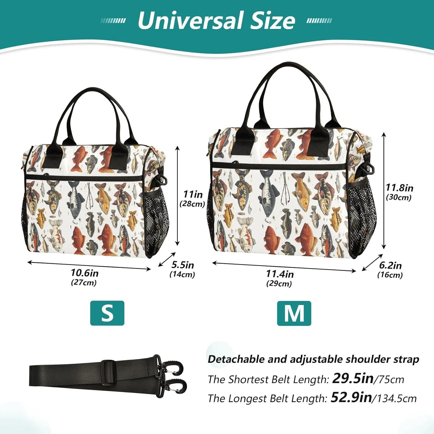 Fish Tuna Lunch Bag Reusable Lunch Tote Bags Vintage Insulated Leakproof Cooler Bag Lunch Box Adjustable Shoulder Meal Holder for Women Men Work Picnic Camping