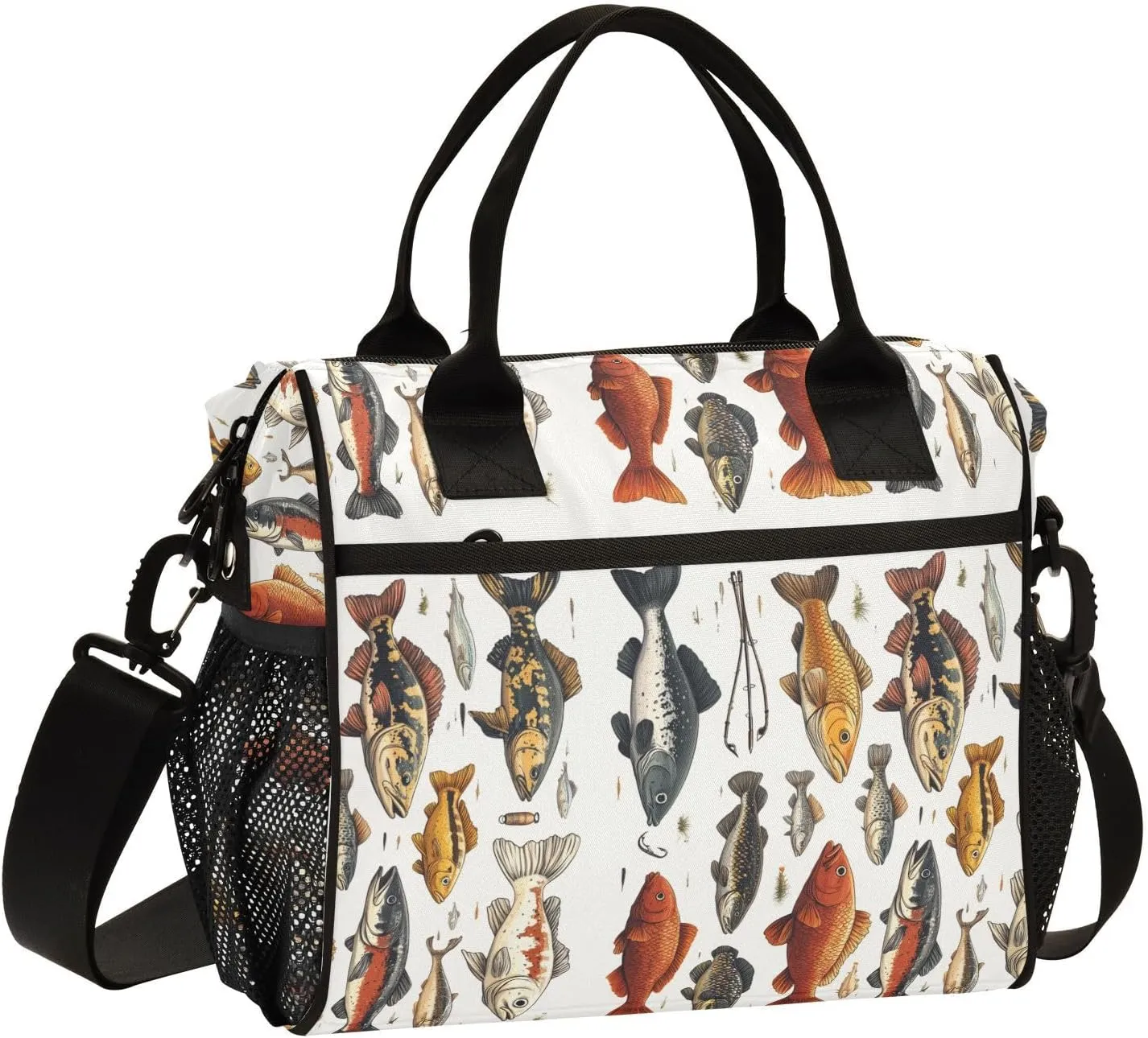 Fish Tuna Lunch Bag Reusable Lunch Tote Bags Vintage Insulated Leakproof Cooler Bag Lunch Box Adjustable Shoulder Meal Holder for Women Men Work Picnic Camping