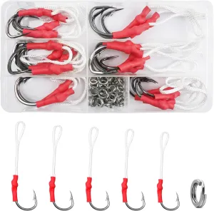 Fishing Assist Saltwater Jigging Hooks Kit - Dancing Stinger & Butterfly Slow Pitch Jig Hooks with PE Line & Split Ring for Freshwater & Saltwater