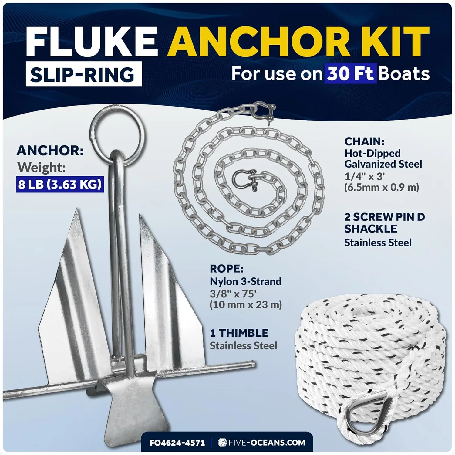 Five Oceans Fluke Boat Anchor, Galvanized Steel, Slip Ring, Heavy-Duty Boat Anchors for Kayak, Dinghy, Paddleboard, Canoe, Personal Watercraft - Multiple Sizes