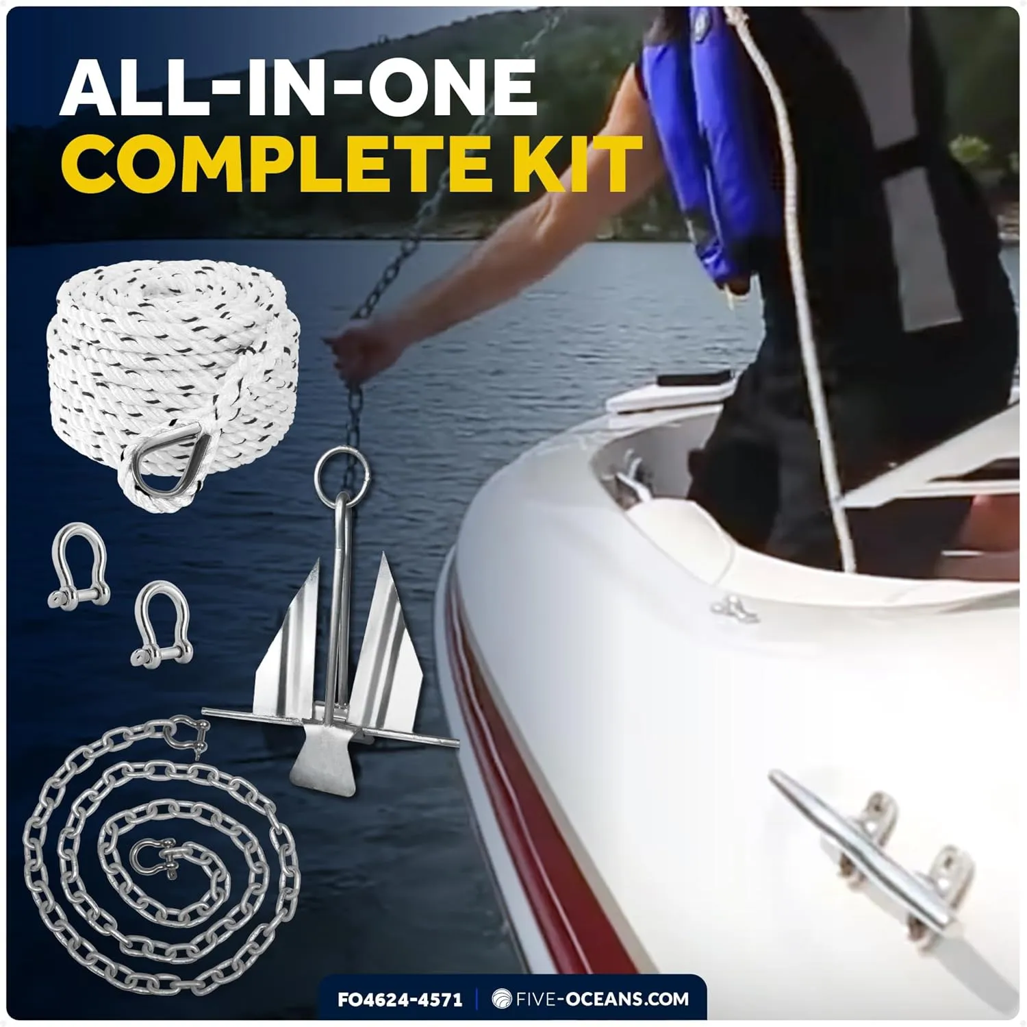Five Oceans Fluke Boat Anchor, Galvanized Steel, Slip Ring, Heavy-Duty Boat Anchors for Kayak, Dinghy, Paddleboard, Canoe, Personal Watercraft - Multiple Sizes