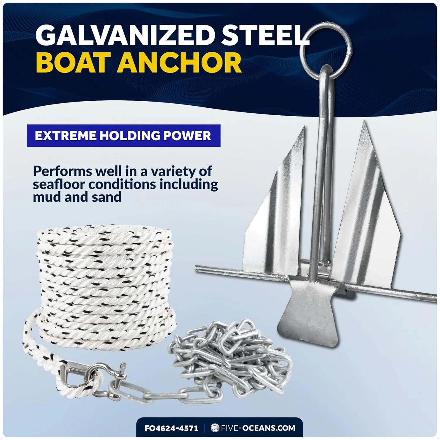 Five Oceans Fluke Boat Anchor, Galvanized Steel, Slip Ring, Heavy-Duty Boat Anchors for Kayak, Dinghy, Paddleboard, Canoe, Personal Watercraft - Multiple Sizes