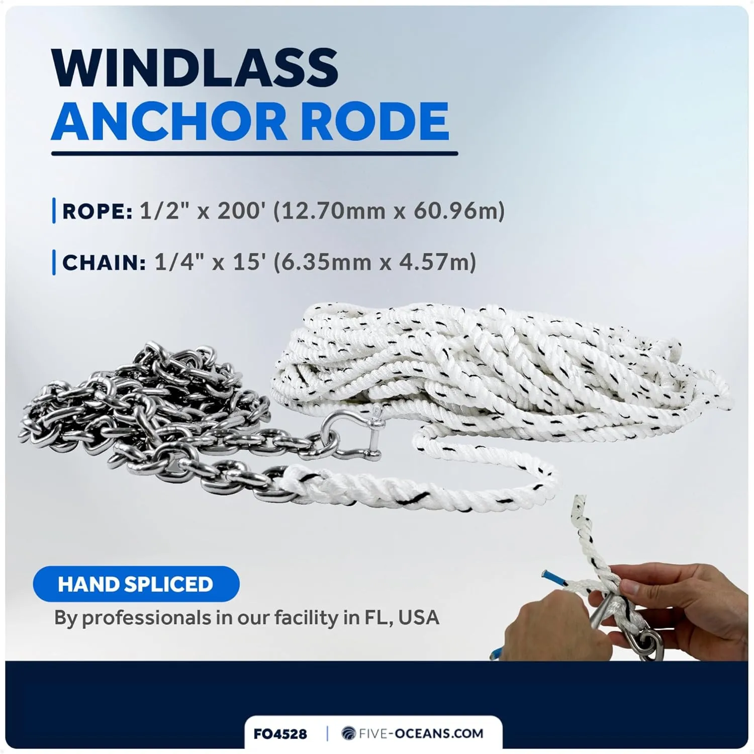 Five Oceans Windlass Anchor Rode, Hand-Spliced Anchor Rope and Chain Combination Kit, Nylon 3-Strand Rope, HT G4 Stainless Steel Chain for Boat Anchor System - Multiple Sizes