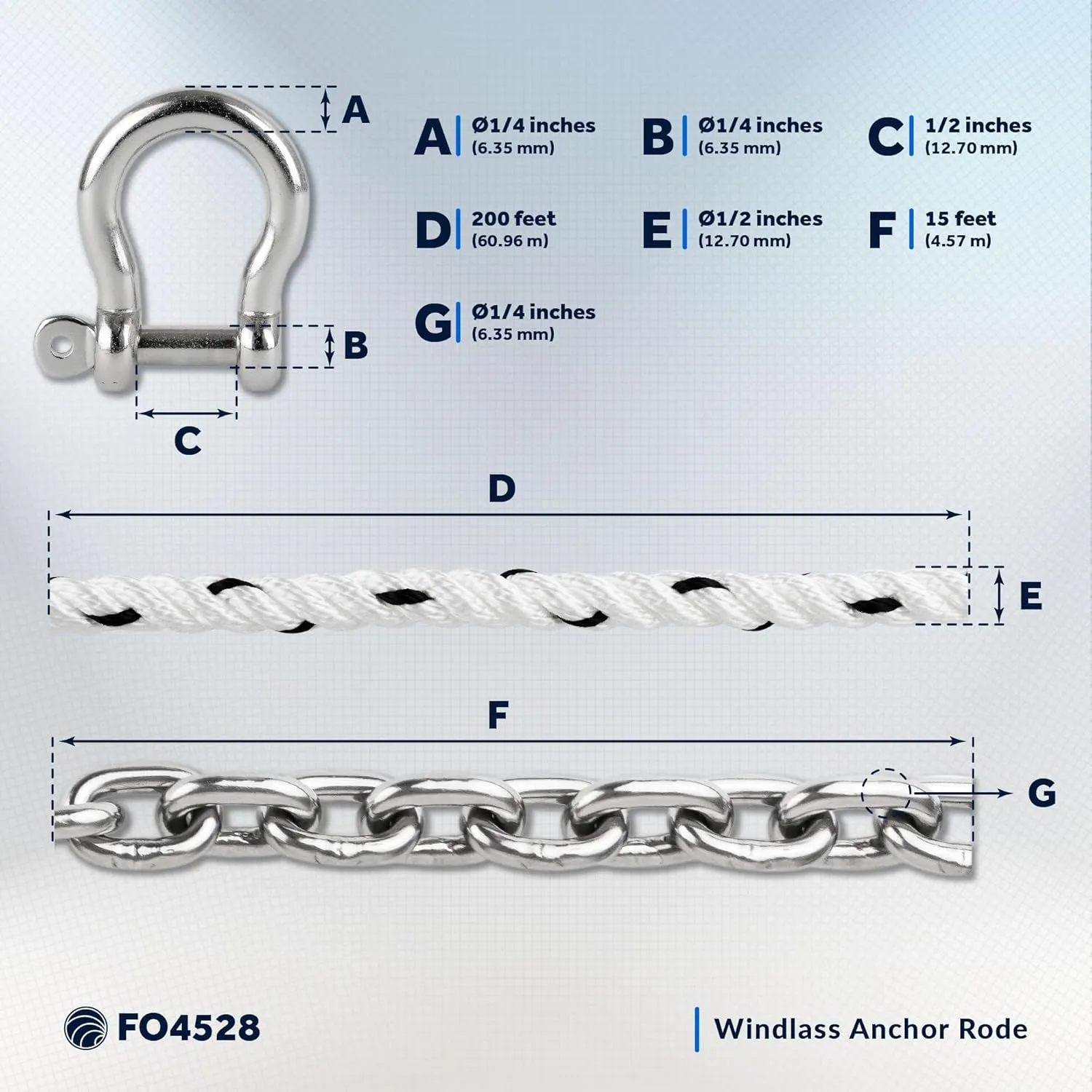 Five Oceans Windlass Anchor Rode, Hand-Spliced Anchor Rope and Chain Combination Kit, Nylon 3-Strand Rope, HT G4 Stainless Steel Chain for Boat Anchor System - Multiple Sizes