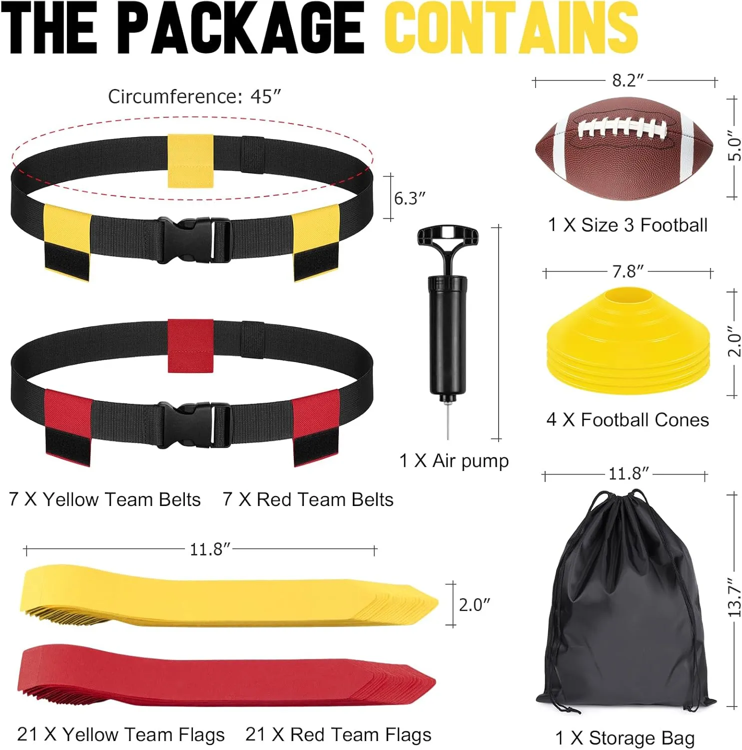 Flag Football Set - 14/20 Player Adjustable Belts with Cones, Football, Pump, Bag, for Youth and Adults Training
