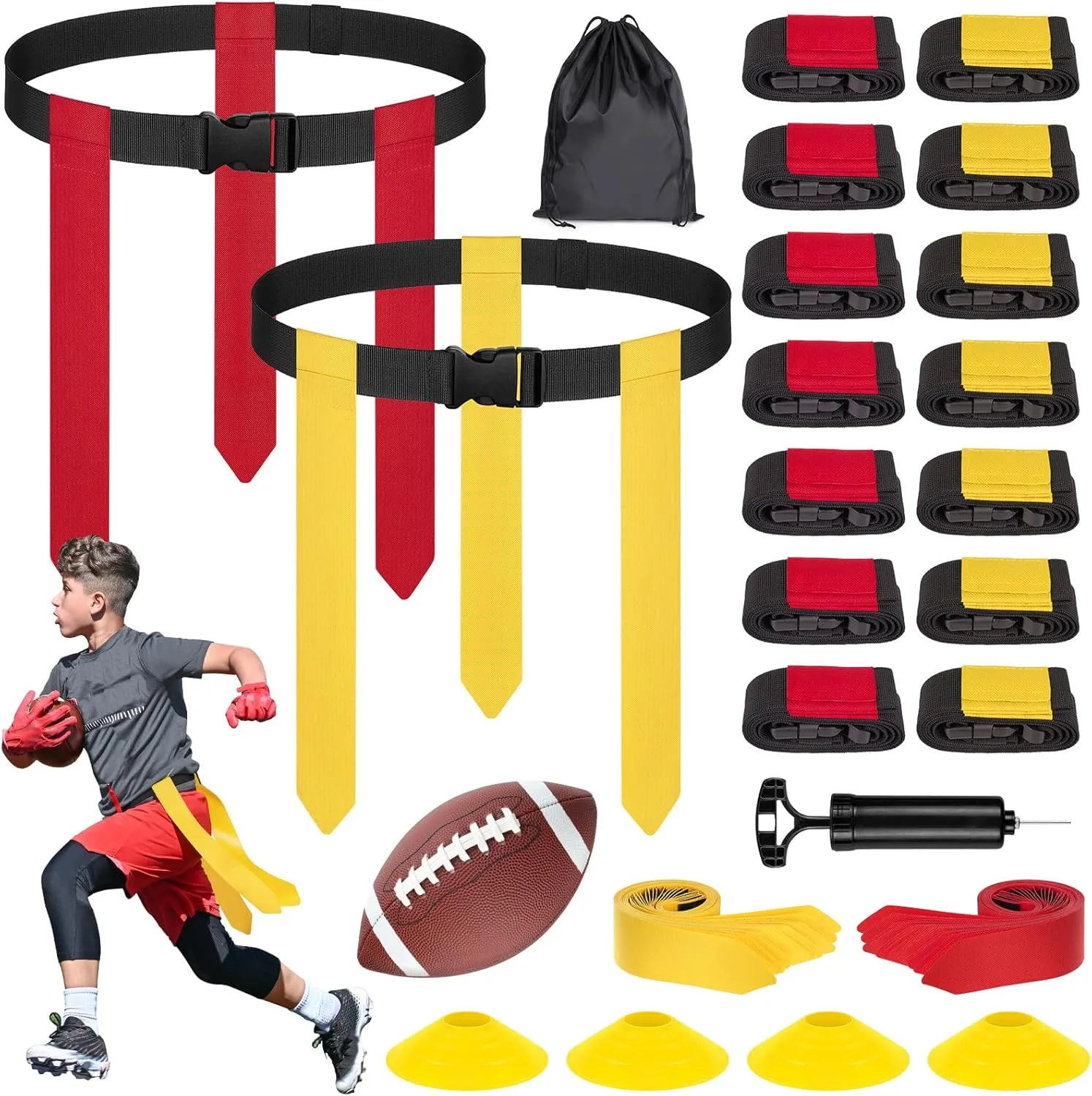 Flag Football Set - 14/20 Player Adjustable Belts with Cones, Football, Pump, Bag, for Youth and Adults Training