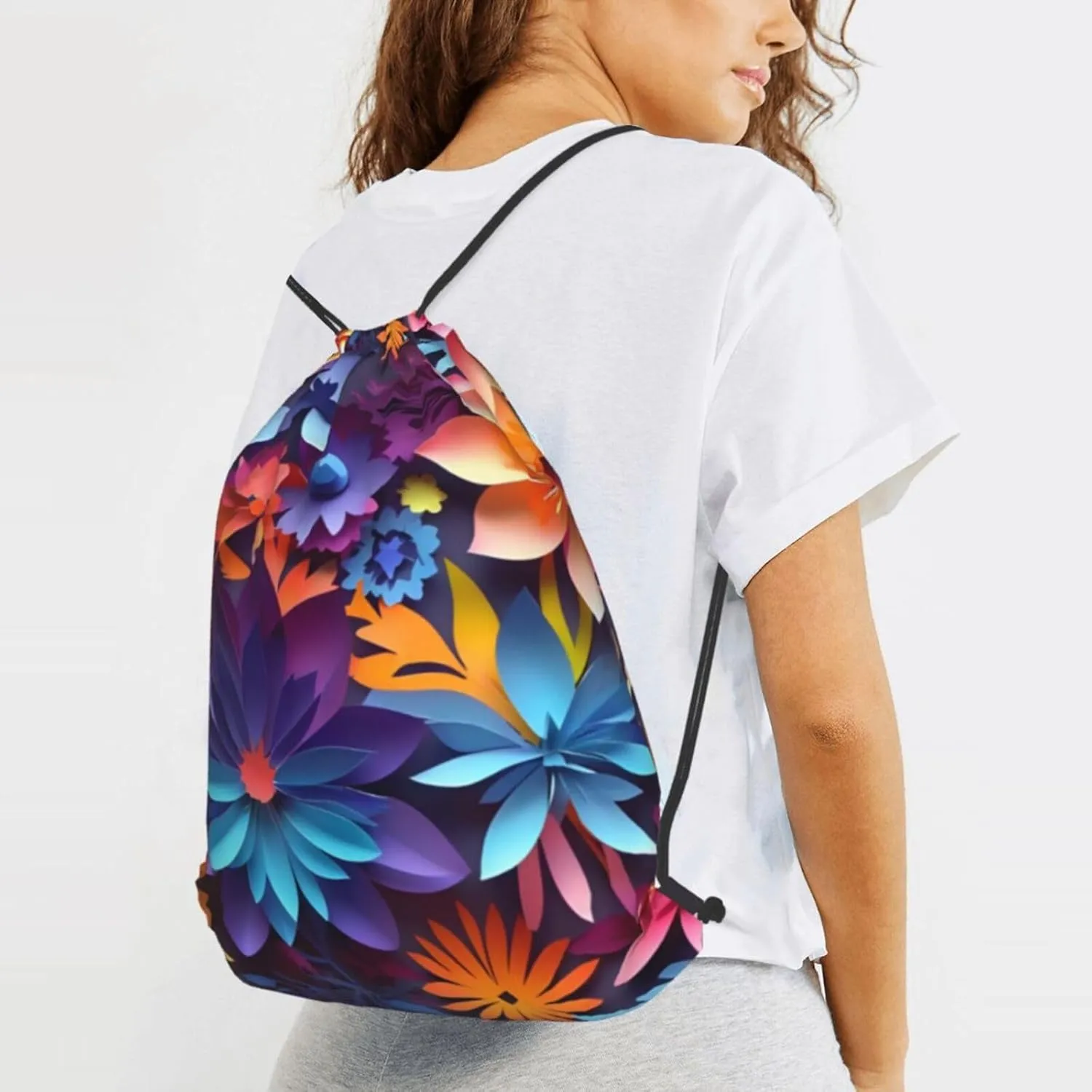 Flower Drawstring Cinch Backpack Polyester Sack Pack String Bag For Hiking Camping Adventure