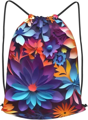 Flower Drawstring Cinch Backpack Polyester Sack Pack String Bag For Hiking Camping Adventure