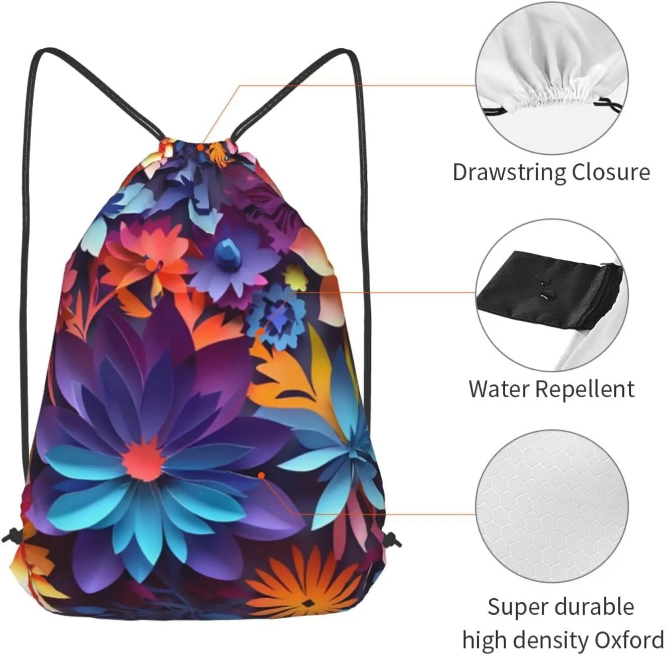 Flower Drawstring Cinch Backpack Polyester Sack Pack String Bag For Hiking Camping Adventure