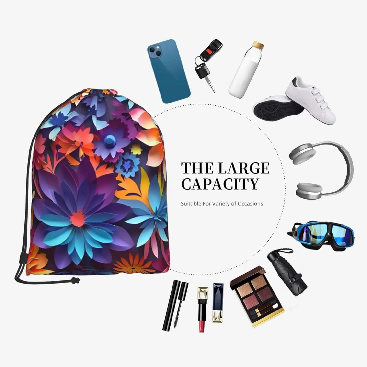 Flower Drawstring Cinch Backpack Polyester Sack Pack String Bag For Hiking Camping Adventure