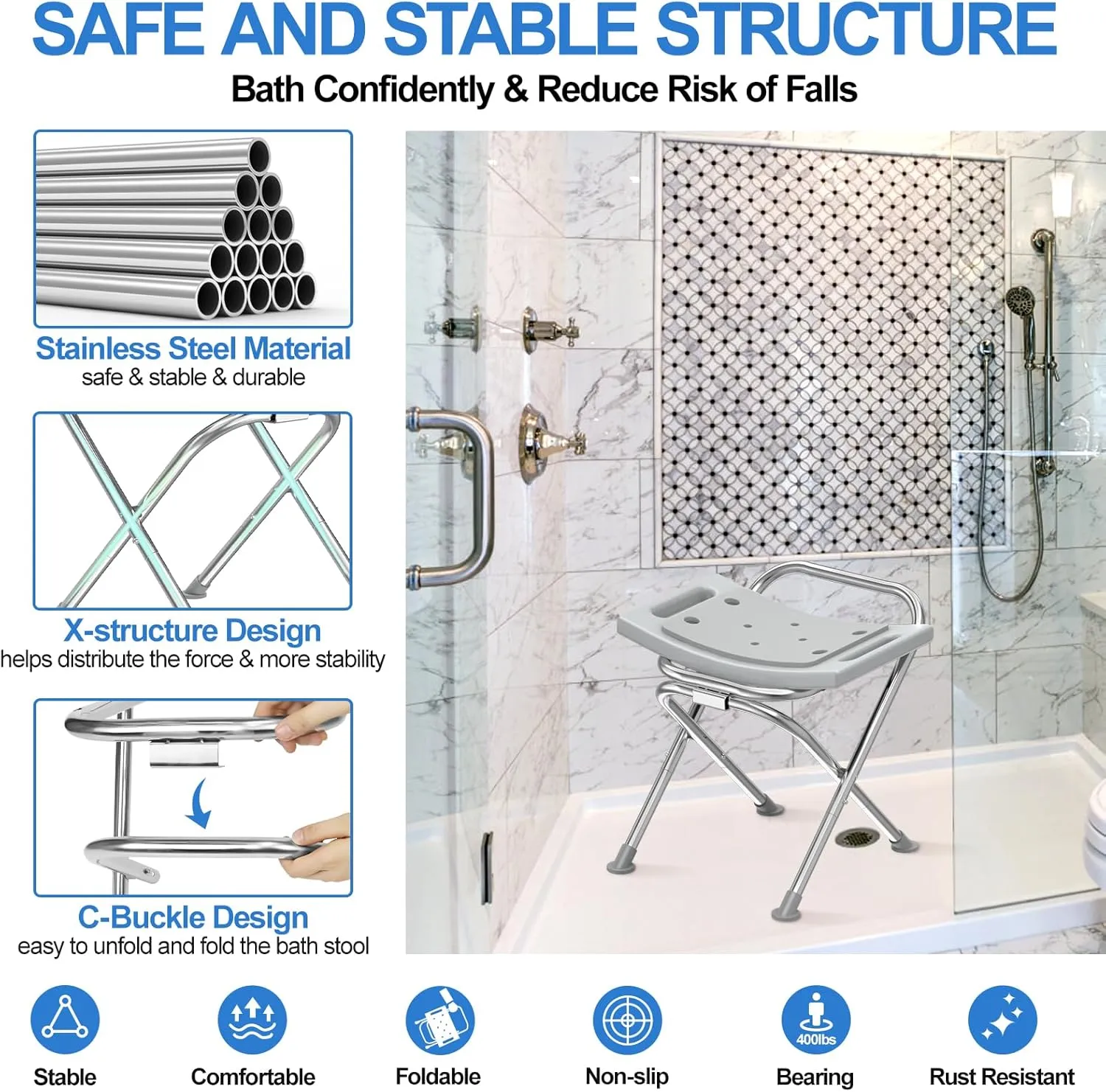 Folding Shower Chair Seat, 17.5" Stainless Steel Small Shower Chair for Inside Shower with Pad, 400lbs Portable Travel Shower Stool, Safety Anti-Slip Bath Chair for Seniors, Disabled, Gray