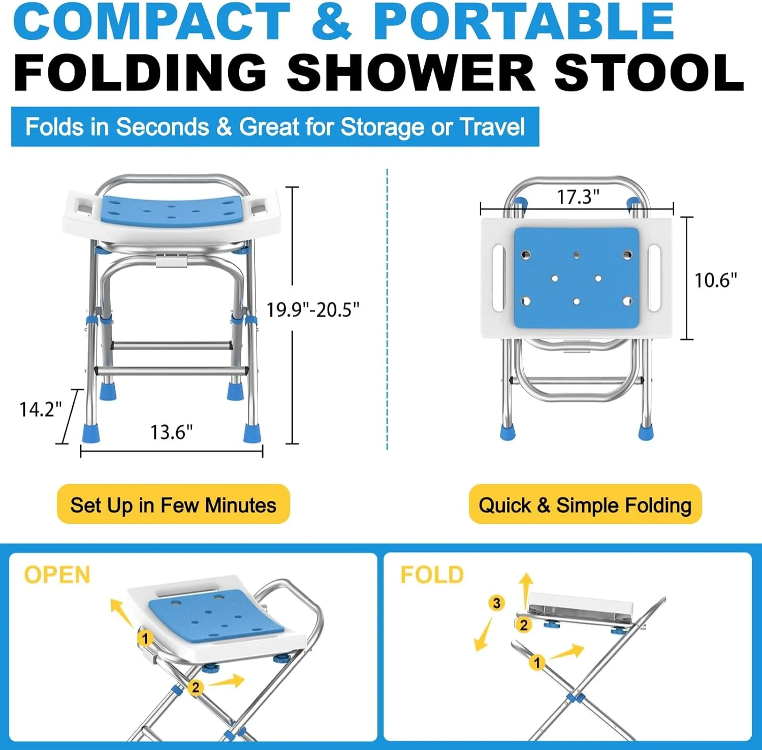 Folding Shower Chair Seat, Height Adjustable Foldable Shower Stool for Inside Tub, 420lbs Portable Small Shower Chair for Travel, Heavy Duty Bath Chair Bench for Adults Elderly & Disabled