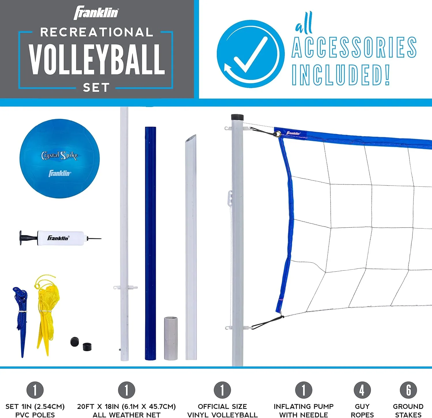 Franklin Sports Volleyball Set - Beach and Backyard Volleyball Net Set - Portable Volleyball Net and Ball Set with Poles and Ground Stakes - Recreational 20" x 18", White