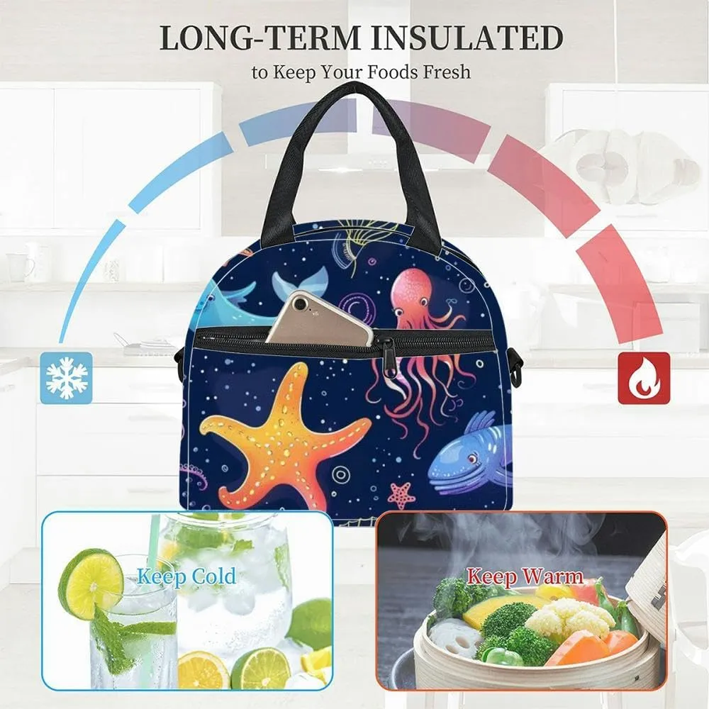from the ocean pictorial a vivid motif over a somber backdrop lovely Insulated Adult Lunch Bag with Shoulder Strap for Women Lightweight Reusable Portable Freezable Lunch Tote Bag for Work Picnic