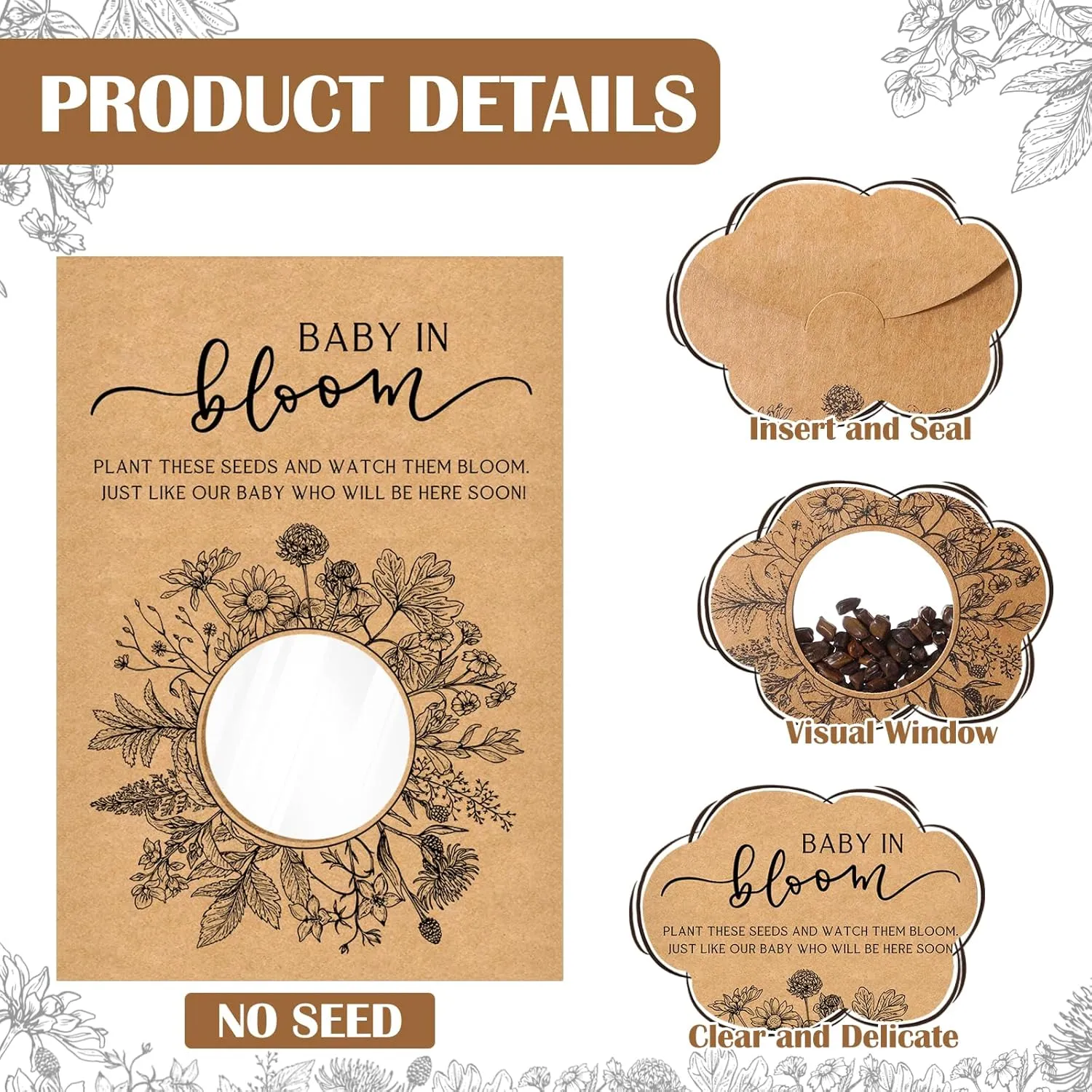 Fumete 50 Pack Baby Shower Party Favor Baby in Bloom Packet Kraft Bags with Window Envelopes Resealable Organizer Storage Bag for Gender Reveal Party
