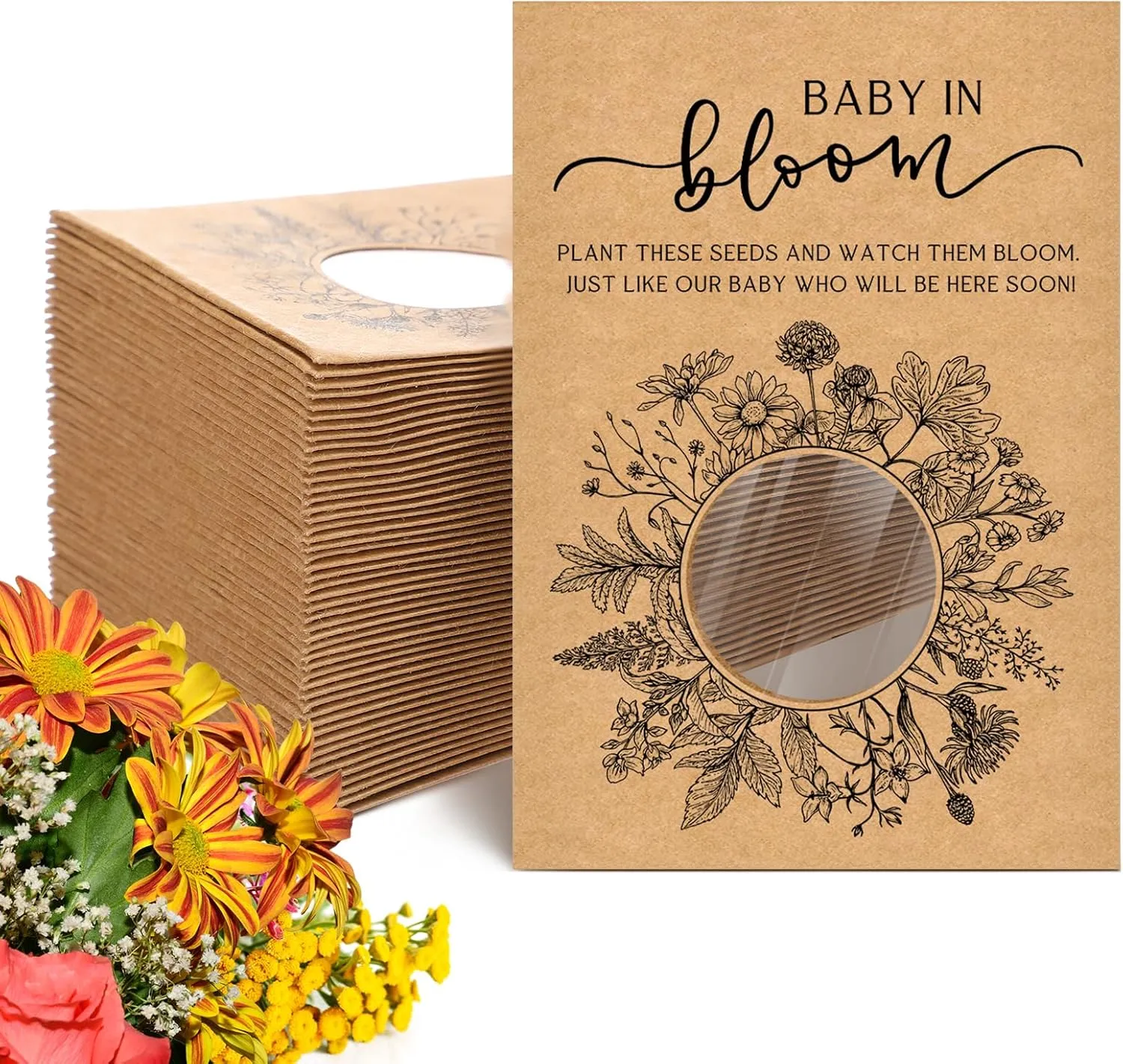 Fumete 50 Pack Baby Shower Party Favor Baby in Bloom Packet Kraft Bags with Window Envelopes Resealable Organizer Storage Bag for Gender Reveal Party