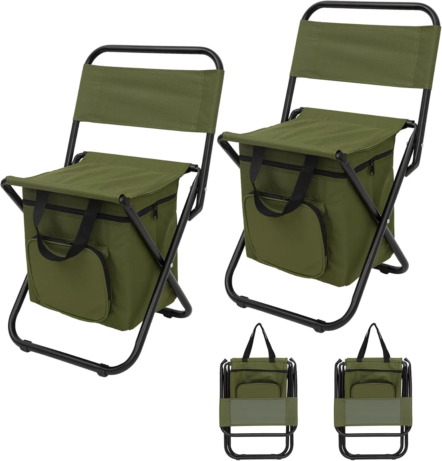 FUNDANGO Small Fishing Chair with Cooler Bag, Lightweight Camping Chair Compact Fishing Stool with Backrest for RV Hiking Travel, Hunting, Ice Fishing Gifts Gear for Men