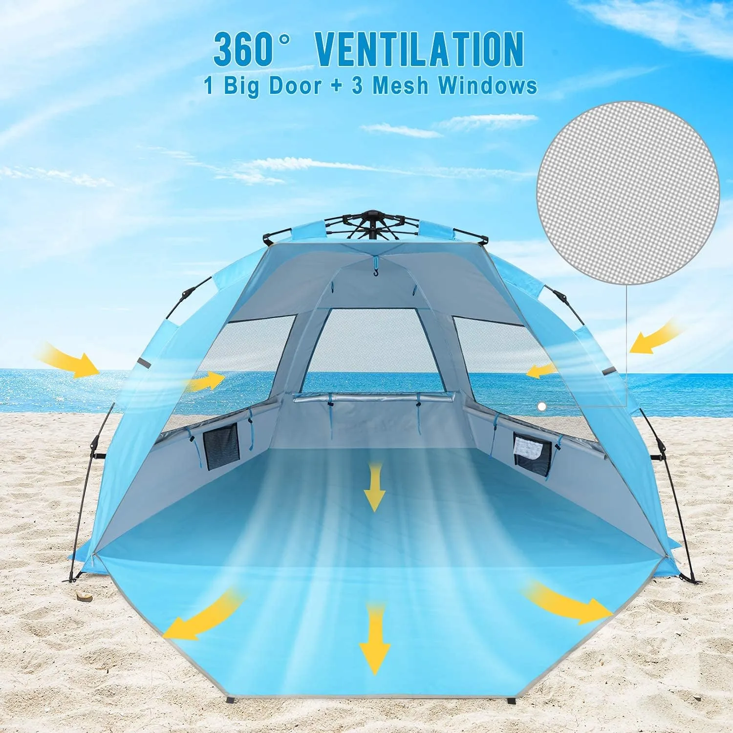 G4Free 3-4 Person Beach Tent Pop Up Shade, Lightweight UPF 50  Beach Sun Shelter Family Size, Easy Setup and Portable Sun Shade Canopy Cabana(Bright Silver)