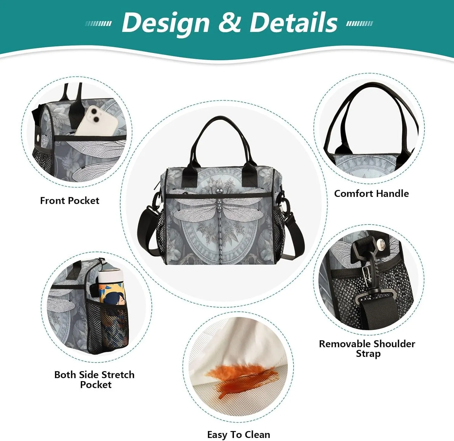 GAIGEO Vintage Plant Dragonfly Palace Wind Insulated Lunch Bag with Handles, Small Insulated Lunch Tote, Insulated Lunch Bags for Women, S