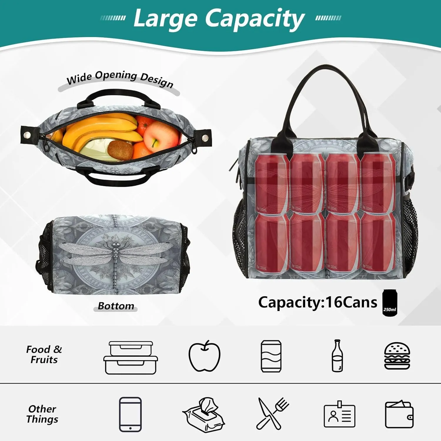 GAIGEO Vintage Plant Dragonfly Palace Wind Insulated Lunch Bag with Handles, Small Insulated Lunch Tote, Insulated Lunch Bags for Women, S