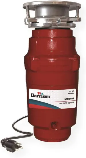Garrison 3580492 Disposer, Builder Food Waste Disposal, 1/3 HP, 120 Volts, 2400 RPM, 4.5Amps, Permanently Lubricated Bearings, Removable Splash Guard, Power Cord Included, Red