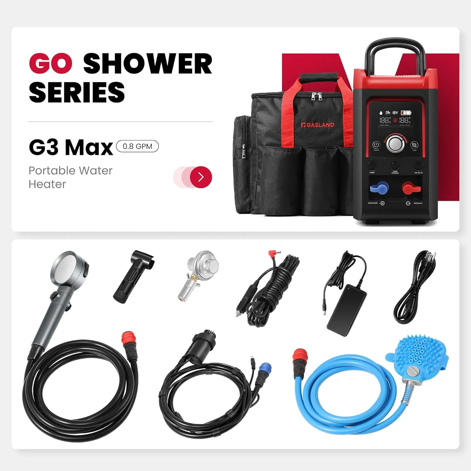 GASLAND Goshower Portable Hot Water Heater & Shower Pump | 4000 mAh Lithium-ion Battery | 1.5 Hr Fast Charging | 1 lb Propane Shower Heater for Camping, Cabin, RV, Off Grid Living, G3 Max
