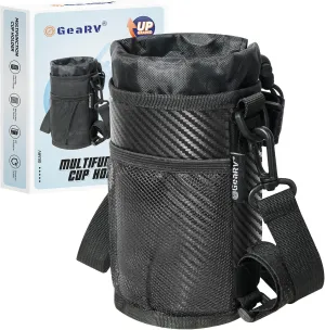 GEARV Bike Cup Holder with Shoulder Strap, Water Bottle Holder for Hiking, Scooter, UTV/ATV, Golf Cart, Universal Drink Holder Accessories (Carbon Black)
