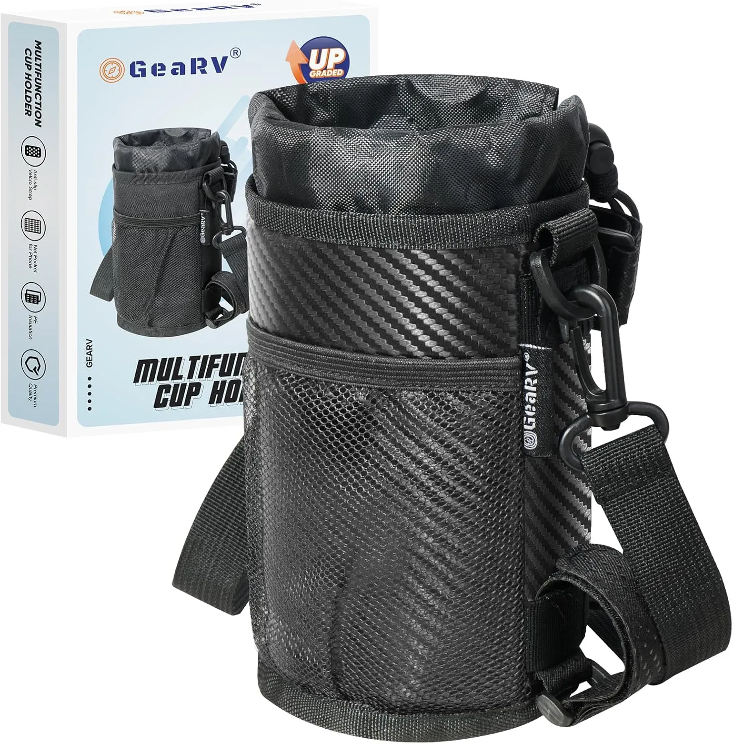 GEARV Bike Cup Holder with Shoulder Strap, Water Bottle Holder for Hiking, Scooter, UTV/ATV, Golf Cart, Universal Drink Holder Accessories (Carbon Black)